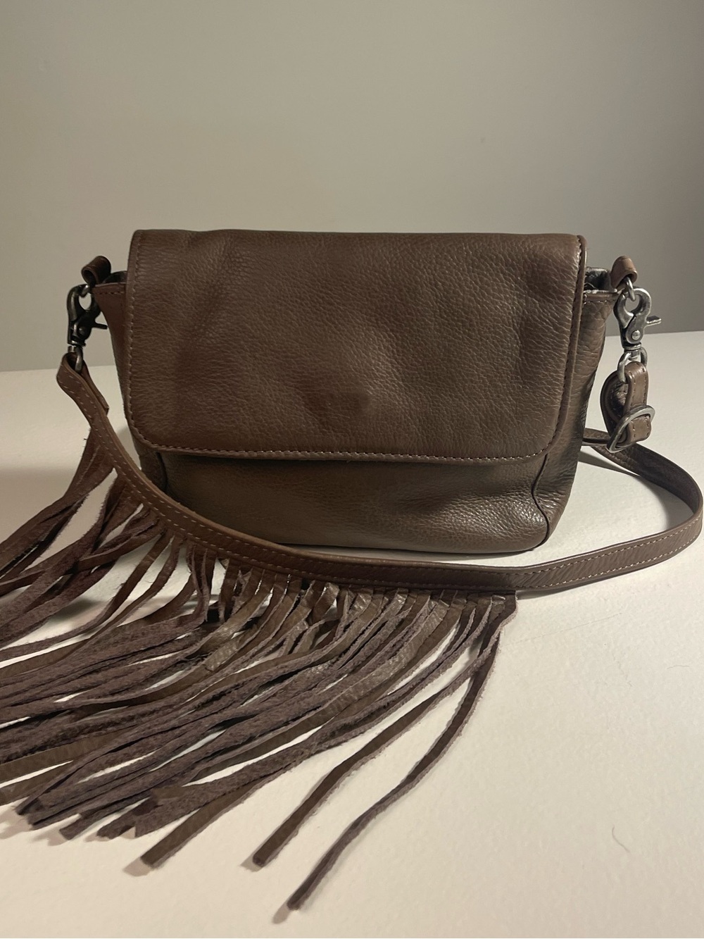 Day & Mood Taupe Leather Flap Crossbody with Long Fringe Accents